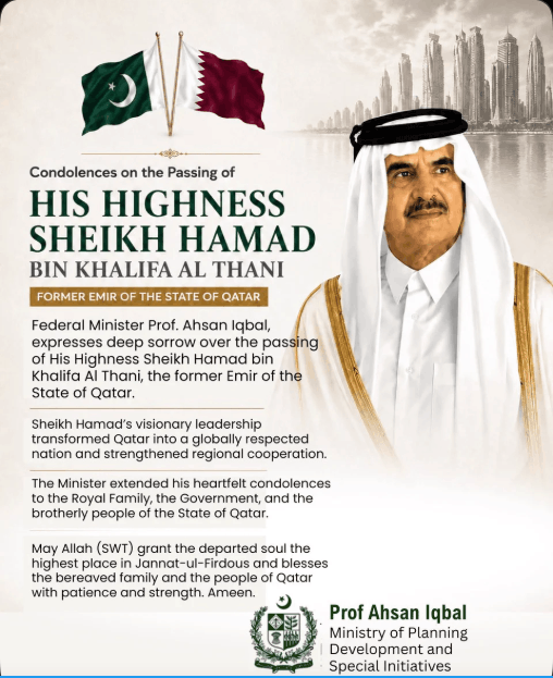 High Commissioner Syed Ahsan Raza Shah conveyed heartfelt condolences on the passing of His Highness Sheikh Hamad bin Khalifa Al Thani, the Father Amir of Qatar and architect of modern Qatar.