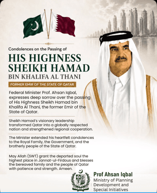 High Commissioner Syed Ahsan Raza Shah conveyed heartfelt condolences on the passing of His Highness Sheikh Hamad bin Khalifa Al Thani, the Father Amir of Qatar and architect of modern Qatar.