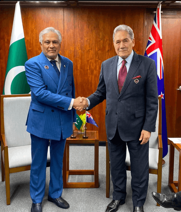 New Zealand Foreign Minister Winston Peters met with Pakistan Deputy Prime Minister Mohammad Ishaq Dar to discuss diplomatic resolutions for the Middle East conflict and the importance of free passage in the Strait of Hormuz.